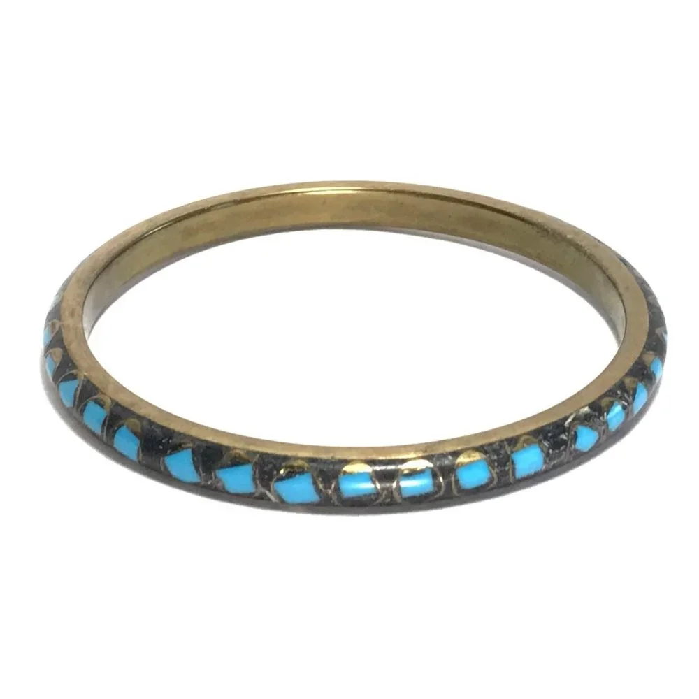 Vintage Brass and Turquoise Glass? Mosaic Bangle Bracelet Tribal Boho - Picture 1 of 5